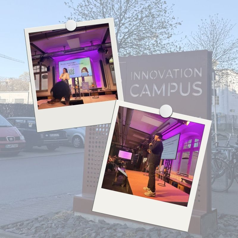 Polaroid-style composite of two stage photos at Innovation Campus Berlin — Venture Café #49